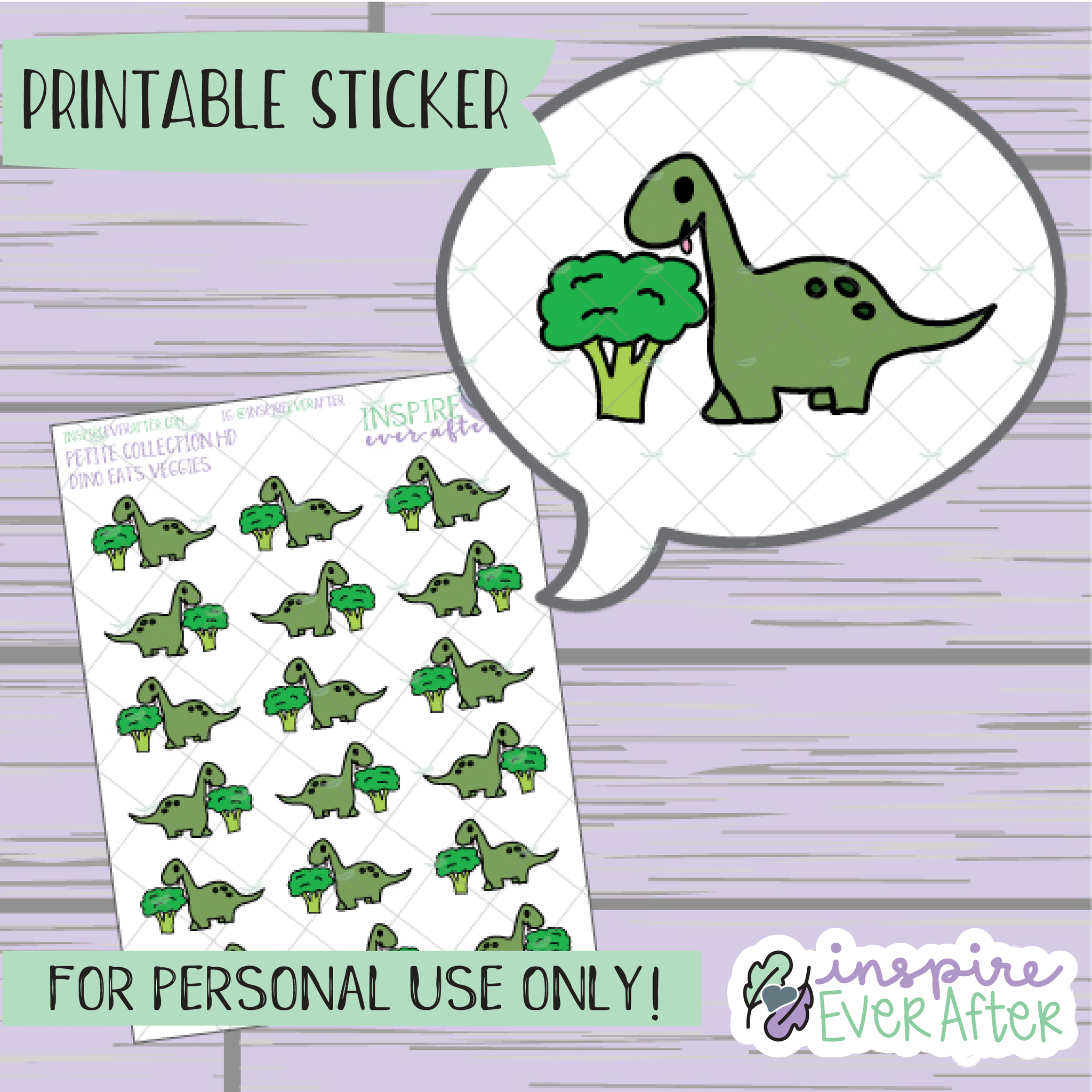 Dino Eats Veggie - Printable Stickers - Hand drawn Character Food Deco Planner Stickers