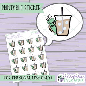 Theo the Turtle Loves Iced Coffee - Printable Stickers - Hand drawn Character Beverage Deco Planner Stickers