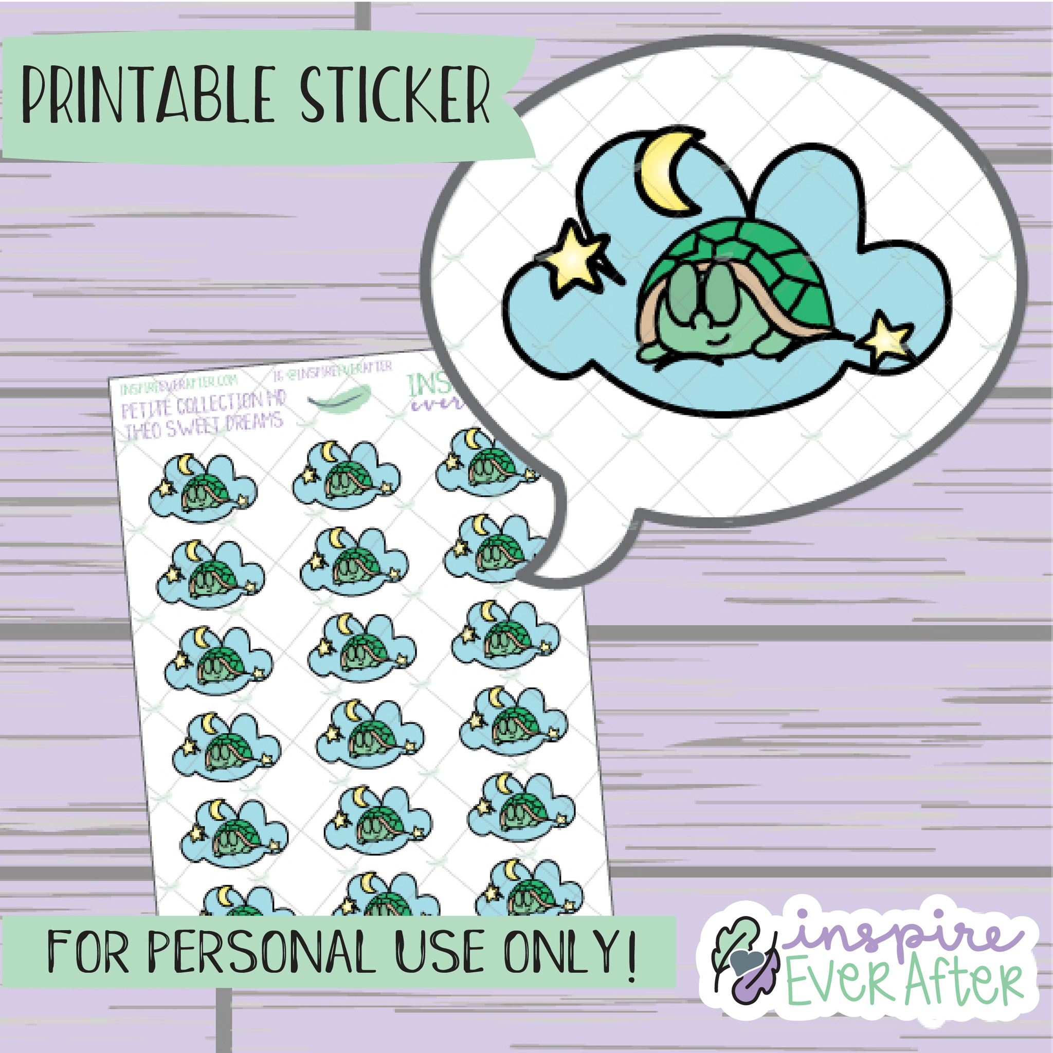 Theo the Turtle Sweet Dreams - Printable Stickers - Hand drawn Character Sleep Deco Planner Stickers