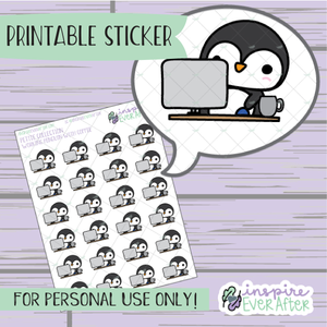 Penguin Workin' at Computer with Coffee - Printable Stickers - Hand drawn Character Beverage Deco Planner Stickers