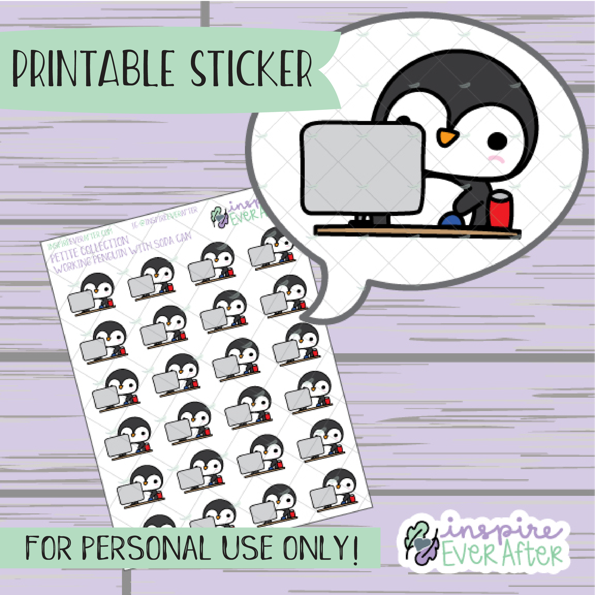 Penguin Workin' on Computer with Soda - Printable Stickers - Hand drawn Character Beverage Deco Planner Stickers