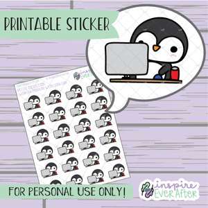 Penguin Workin' on Computer with Soda - Printable Stickers - Hand drawn Character Beverage Deco Planner Stickers