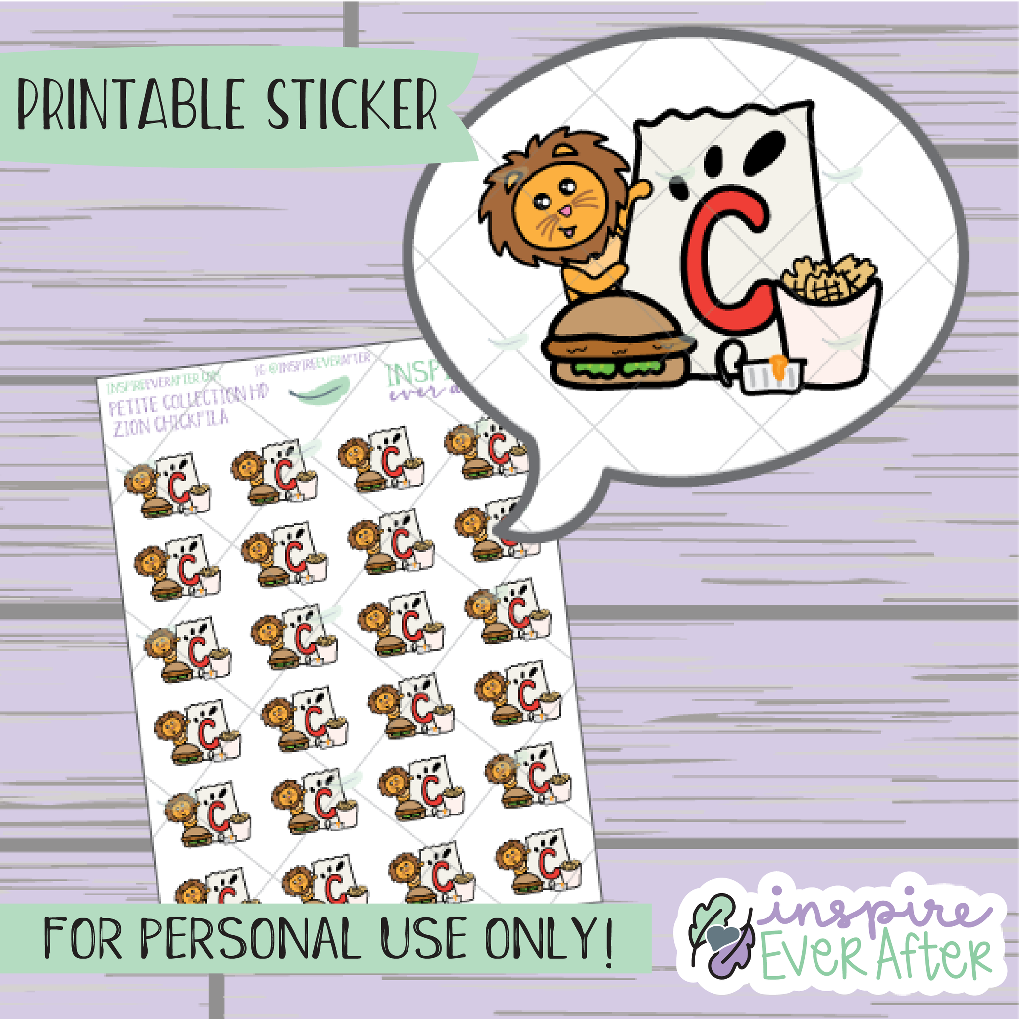 Zion the Lion Chicken Fast Food - Printable Stickers - Hand drawn Character Food Deco Planner Stickers