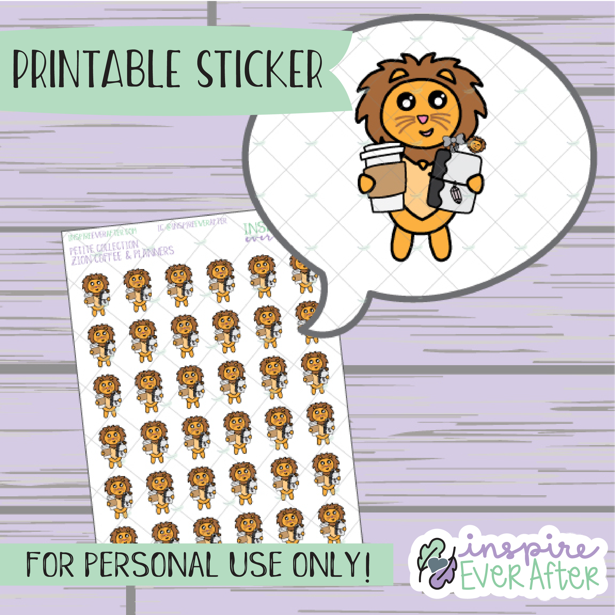 Zion the Lion Coffee & Planner Love - Printable Stickers - Hand drawn Character Beverage Deco Planner Stickers