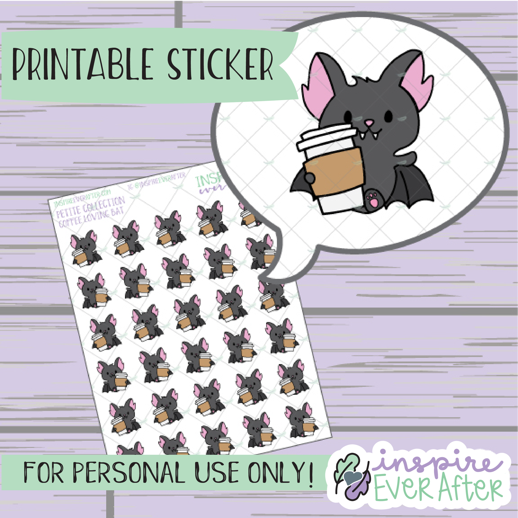 Coffee Batrick the Bat - Printable Stickers - Hand drawn Beverage Deco Planner Stickers