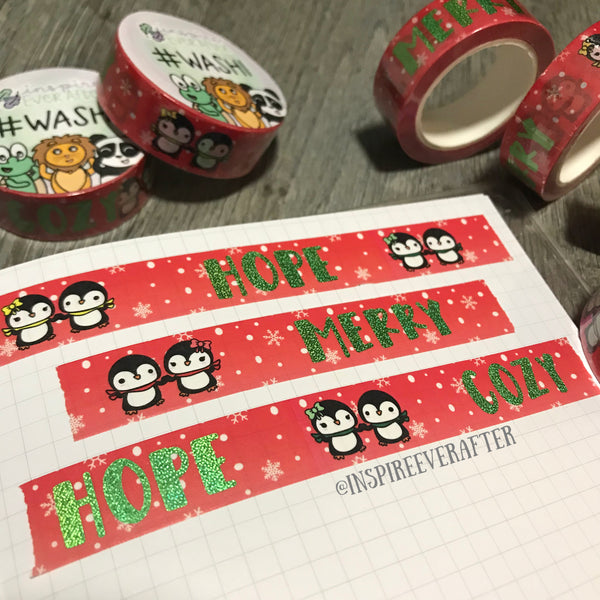 Red Winter Penguin Love Foil Washi Roll ~ Hand Drawn Inspireology Positive Affirmation Planner Accessories